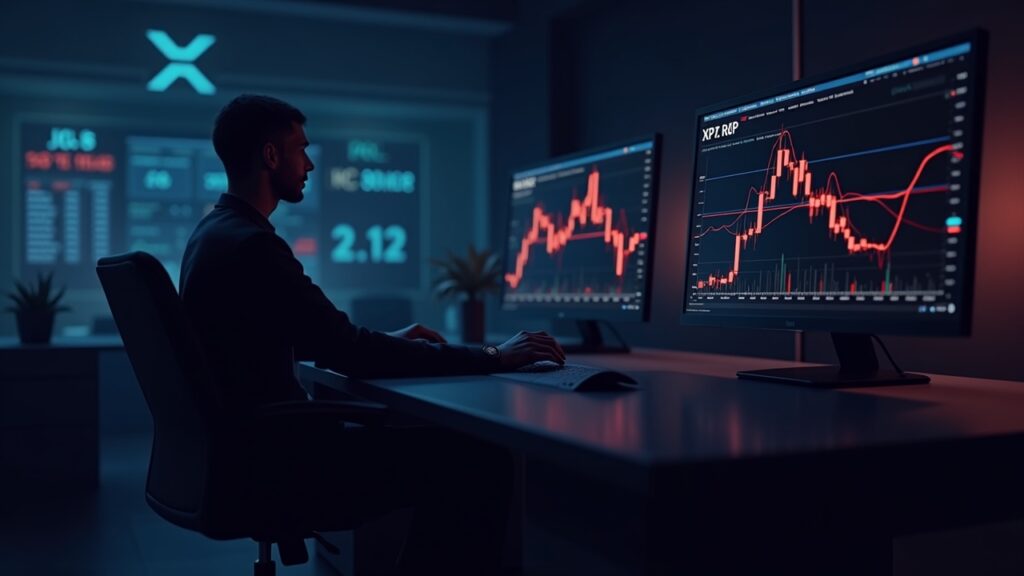 Photorealistic trader at a sleek desk, XRP logo on monitor, red price chart dropping below $2.12 with Death Cross lines.