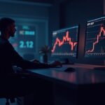 Photorealistic trader at a sleek desk, XRP logo on monitor, red price chart dropping below $2.12 with Death Cross lines.