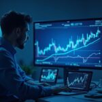 Photorealistic newsroom: trader analyzes XRP chart with a double-top, beside a glowing multichain map and RLUSD on Layer 2s.