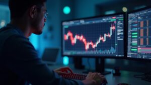 Photorealistic close-up of a crypto trader studying a glowing XRP price chart with headlines on monitors.