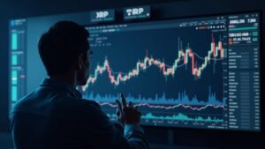 Photorealistic trader analyzing XRP chart in a newsroom, illustrating Wave 5 setup with XRP logos and regulatory icons.