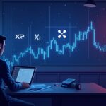 Realistic newsroom: analyst at a desk, XRP and Ripple logos over a stagnant price chart with regulatory shadows.