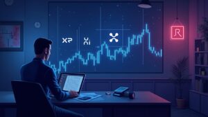 Realistic newsroom: analyst at a desk, XRP and Ripple logos over a stagnant price chart with regulatory shadows.