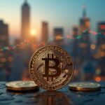 Photorealistic Bitcoin coin foreground with city skyline, rising tickers, and subtle icons for ETF inflows and regulation.