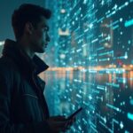Photorealistic portrait of an on-chain investigator with crypto traces flowing toward a Dubai skyline.