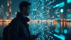 Photorealistic portrait of an on-chain investigator with crypto traces flowing toward a Dubai skyline.