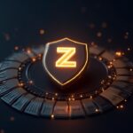 Photorealistic Zcash shield over a dynamic fee gauge with glowing blocks and a wallet