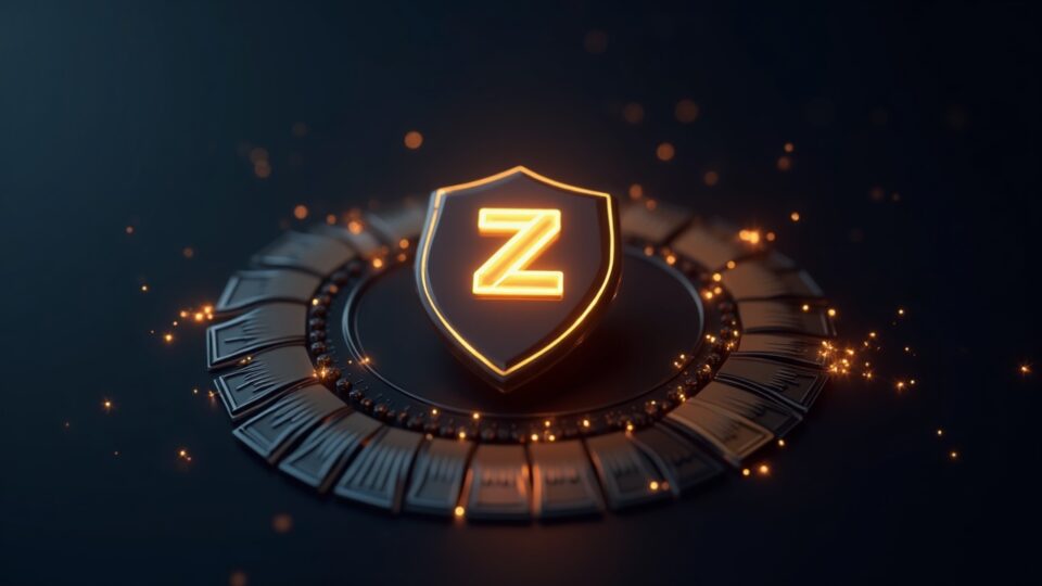 Photorealistic Zcash shield over a dynamic fee gauge with glowing blocks and a wallet