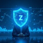 Photorealistic crypto analyst at center with a holographic Zcash shield, halving countdown, and altcoins charts in newsroom.