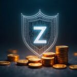 Photorealistic Zcash logo centered with a transparent shield and rising coins, symbolizing privacy and recovery.