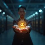 Newsroom scene: person holds glowing Zcash coin beside chart showing ascending triangle near resistance; cold vaults in back