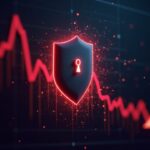Photorealistic privacy shield dissolving into a red downward price chart with regulatory icons in the background.