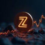 Photorealistic Zcash logo centered over a price chart spike and crash, highlighting privacy tech and institutional interest.