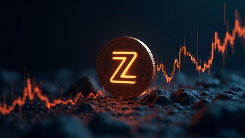 Photorealistic Zcash logo centered over a price chart spike and crash, highlighting privacy tech and institutional interest.