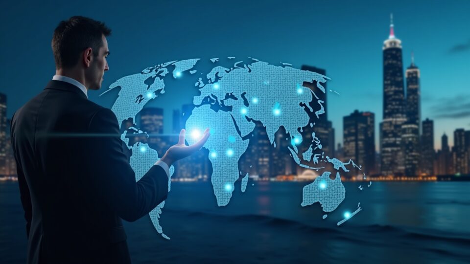 Photorealistic executive in a suit with a holographic map of AI, biotech and defense icons over a modern city skyline.