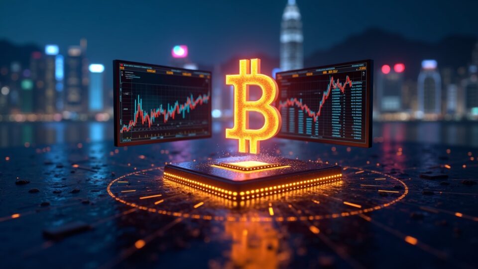 Photorealistic AI chip morphs into a Bitcoin glyph beside a Hong Kong skyline; screens show AI stocks rising, Bitcoin flat.