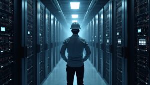 Photorealistic engineer beside bitcoin rigs morphing into AI compute servers, signaling shift to enterprise AI hosting.