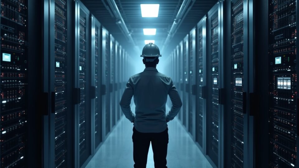 Photorealistic engineer beside bitcoin rigs morphing into AI compute servers, signaling shift to enterprise AI hosting.