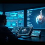 Photorealistic mission operator in a high-tech control room with holographic dashboards, satellite and Earth visible.