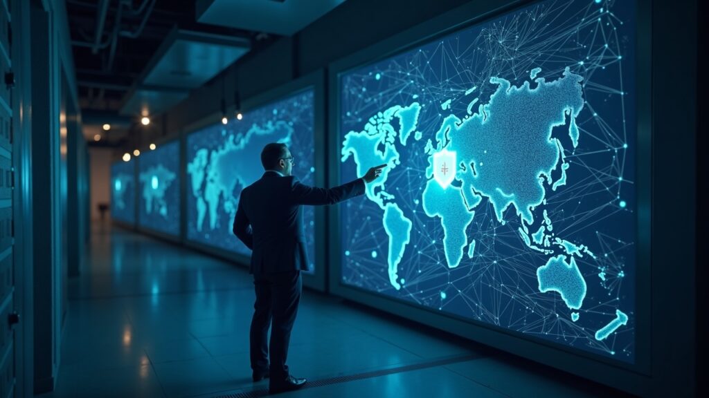 Finance executive guides glowing streams into a multi-chain map from a secure BUIDL vault, illustrating Avalanche tokenization.