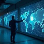 Finance executive guides glowing streams into a multi-chain map from a secure BUIDL vault, illustrating Avalanche tokenization.