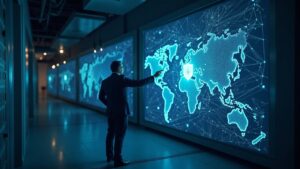 Finance executive guides glowing streams into a multi-chain map from a secure BUIDL vault, illustrating Avalanche tokenization.