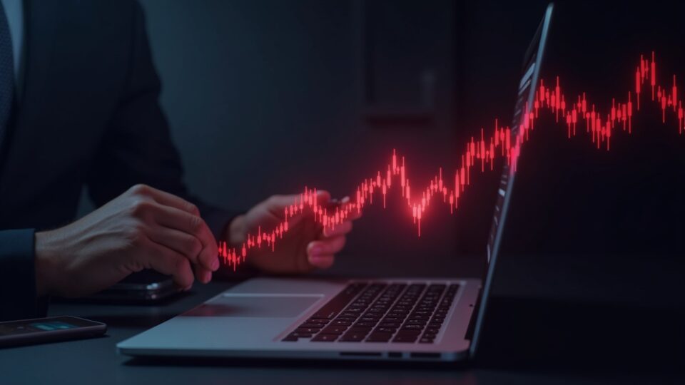 Photorealistic header: finance executive at a desk with a holographic AVAX logo and a red stock-chart signaling insider-sale volatility.