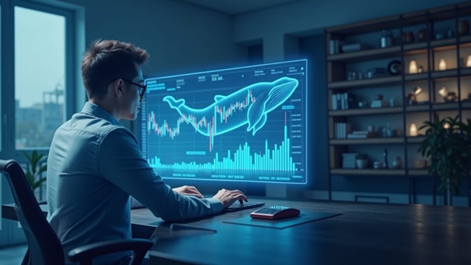 Photorealistic crypto journalist at a sleek desk, holographic AXS chart with whale silhouettes signaling pullback risk.