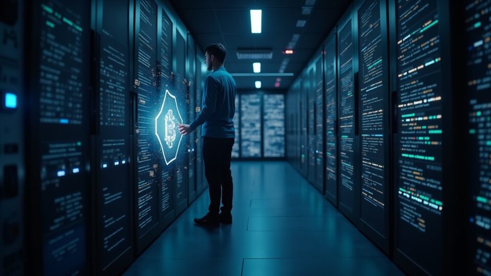 Tech founder in a sleek data room with a holographic BTC vault and flowing code, symbolizing Bitcoin collateral.
