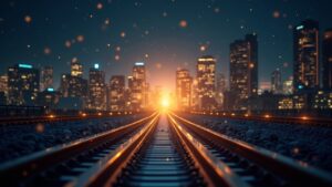 Photorealistic header with a central executive above glowing payment rails, symbolizing Bakkt-DTR stablecoin settlement.