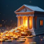 Hyper-realistic bank facade with stablecoins pouring from vaults into a decentralized network, depicting deposit flight.
