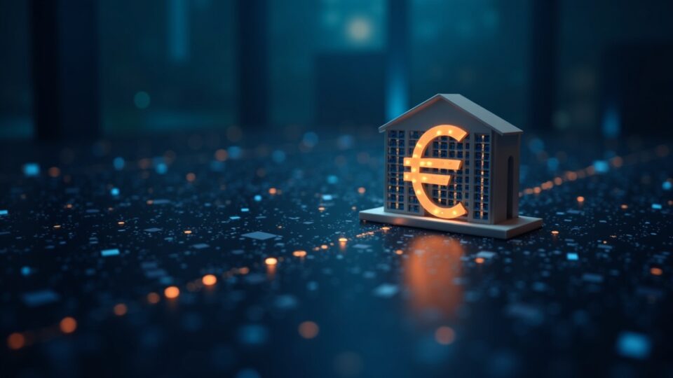 Modern bank facade connected by glowing ledger lines to a digital euro symbol, illustrating banks anchoring digital money.