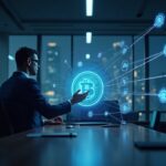 Photorealistic banker in a sleek office with glowing interlinked tokens and a cross-chain clearing network.