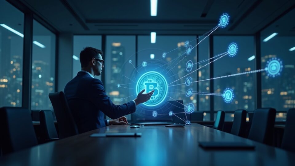Photorealistic banker in a sleek office with glowing interlinked tokens and a cross-chain clearing network.