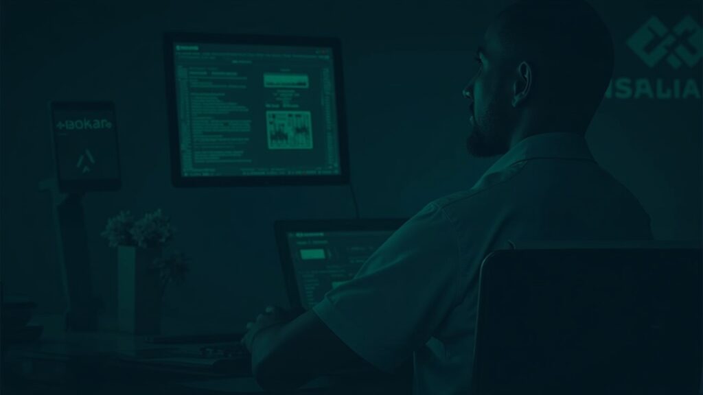 Crypto trader at a desk with Binance Wallet and Aster logos, showcasing on-chain perpetual futures and self-custody