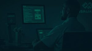 Crypto trader at a desk with Binance Wallet and Aster logos, showcasing on-chain perpetual futures and self-custody