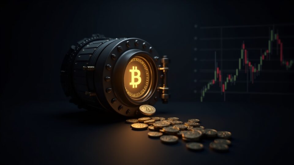 Photorealistic vault opening to reveal Bitcoin coins, with a Binance emblem and rising market chart, symbolizing BTC-backed SAFU and market impact.