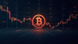 Bitcoin price paths at 69k and 100k shown on a split chart over a sleek crypto trading floor.