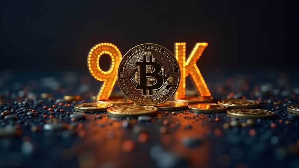 Photorealistic Bitcoin at $90k with thinning liquidity, fading order books, and ETF outflows driving altcoin declines.