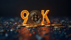 Photorealistic Bitcoin at $90k with thinning liquidity, fading order books, and ETF outflows driving altcoin declines.