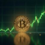 Photorealistic Bitcoin coin centered on a glowing 93k price chart with a green bullish arrow, backdrop of institutional traders.