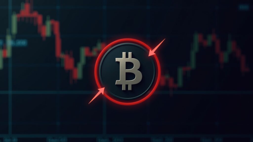 Centered Bitcoin logo over a dark finance dashboard with bearish candles, MACD cross, and red down arrows.