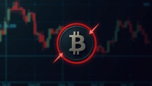 Centered Bitcoin logo over a dark finance dashboard with bearish candles, MACD cross, and red down arrows.