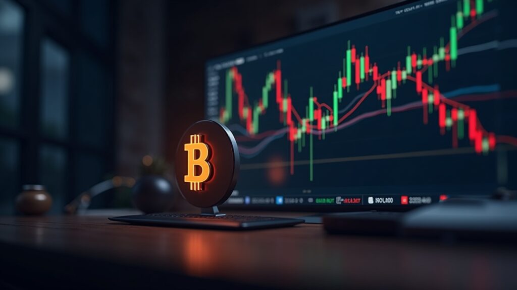 Photorealistic crypto newsroom with Bitcoin logo over a chart showing a bearish wedge toward 86000 amid selling pressure.