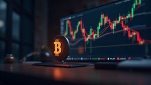 Photorealistic crypto newsroom with Bitcoin logo over a chart showing a bearish wedge toward 86000 amid selling pressure.