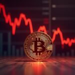 Photorealistic Bitcoin coin at center with a bold red downward price chart overlay and faint ETF logos in the background, signaling liquidity drain.