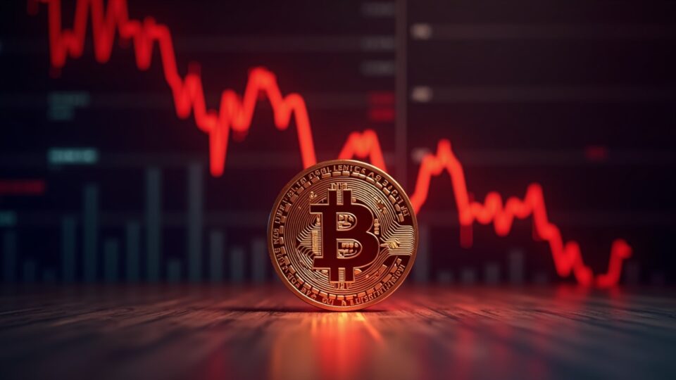 Photorealistic Bitcoin coin at center with a bold red downward price chart overlay and faint ETF logos in the background, signaling liquidity drain.