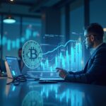 Photorealistic newsroom scene with an analyst and a rising holographic Bitcoin ETF chart, signaling institutional inflows.