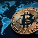 Photorealistic Bitcoin coin with a holographic market dashboard of BTC and ETH charts and a world map.