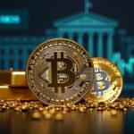 Photorealistic header: Bitcoin center, gold bar, silver coin, Fed building, and streaming macro data dashboards.
